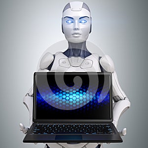 Robot holding anm opened laptop