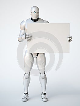 Robot holding blank advertising billboard 3d rendering