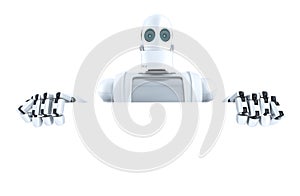 Robot holding a blank banner. . Contains clipping path