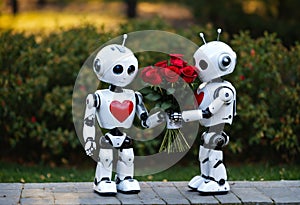 Robot holding a bouquet of flowers. Generative AI