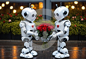 Robot holding a bouquet of flowers. Generative AI