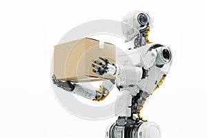 robot holding box on isolate white background for express