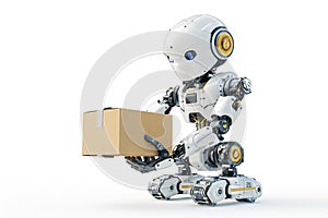 robot holding box on isolate white background for express