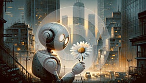 Robot holding a daisy in a dystopian cityscape