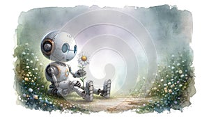 Robot holding a daisy in a field of flowers