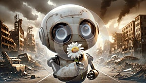 Robot Holding a Daisy in a Post-Apocalyptic World