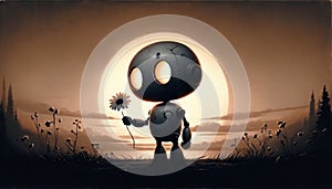 Robot holding a daisy at sunset in a serene field