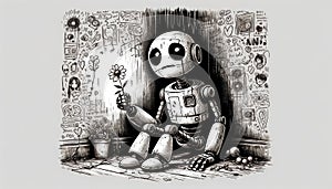 Robot Holding a Flower in a Graffiti-Decorated Room