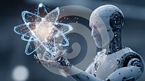 robot holding glowing atom model