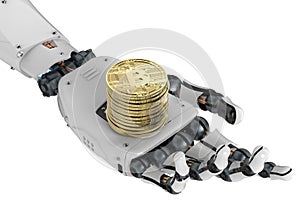 Robot holding gold bitcoin