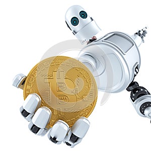 Robot holding gold bitcoin. 3D illustration. Isolated. Contains