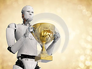 Robot holding golden trophy