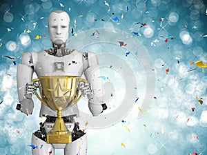 Robot holding golden trophy