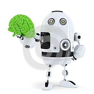 Robot holding green brain. Technology concept photo