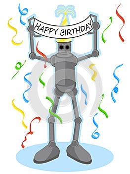 Robot holding Happy Birthday sign