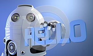 Robot holding HELLO sign. Technology concept.