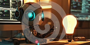 robot holding a light bulb, ray tracing in a desk scene.