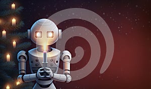 Robot holding lit candle in front of Christmas tree over dark brown background. Generative AI illustration with copy space