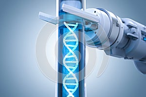 Robot holding test tube with dna helix