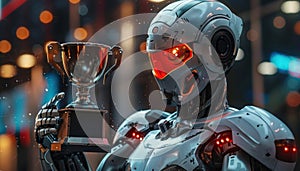 A robot holding a trophy in it's hand. The robot is standing in a futuristic city