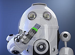 Robot holding USB memory stick. Contains clipping path