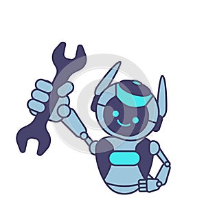 Robot holding wrench vector illustration. Robot character pose