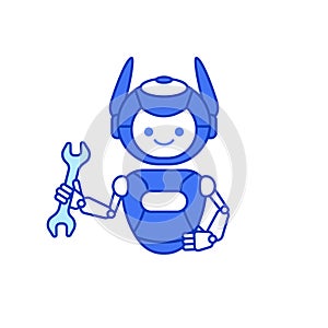 Robot holding wrench vector illustration. Robot character pose