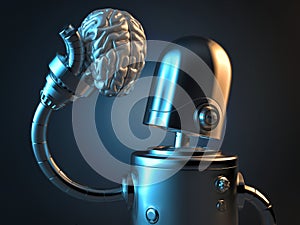 Robot holds a human brain in his hand. 3D illustration