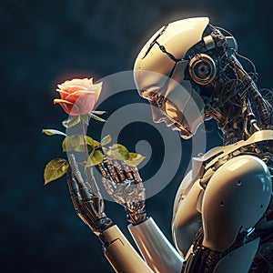 The robot holds a rose in its hands. The relationship between technology and nature