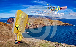 Robot on holiday with a stunt kite