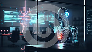 robot with hologram data flow concept networking. technology concept
