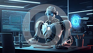 robot with hologram data flow concept networking. technology concept