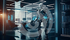 robot with hologram data flow concept networking. technology concept