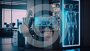 robot with hologram data flow concept networking. technology concept