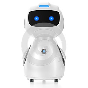 Robot home helper. Smart little robot, on wheels and smart screen. 3d illustration
