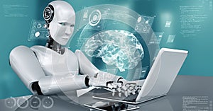 Robot hominoid use laptop and sit at table in concept of AI thinking brain