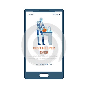 Robot housework helper or servant technology mobile page, vector illustration.