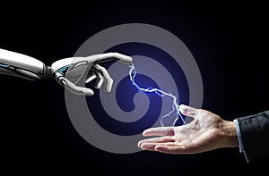Robot and human hand connected by lightning