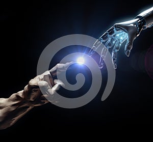 Robot, human and hand touch with 3d rendering and dark background with cyber machine. Cyborg, light and hands graphic