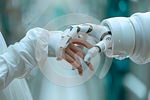 Robot and human hands touch over big data network connections artificial intelligence High quality photo
