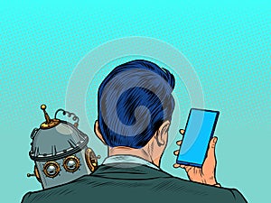 Robot and human are sad. A businessman looks at a smartphone