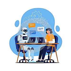 Robot and human working together at desk with laptops