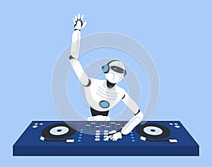 Robot humanoid dj playing music mixer controller vector
