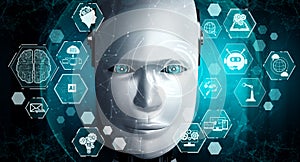 Robot humanoid face close up with graphic concept of AI thinking brain