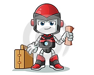 Robot humanoid traveler with camera, map, hat, and suitcase mascot vector cartoon illustration