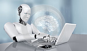 Robot humanoid use laptop and sit at table in concept of AI thinking brain