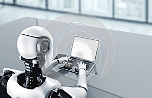 Robot humanoid use laptop and sit at table in future office