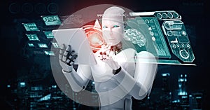 Robot humanoid using tablet computer in concept of AI thinking brain