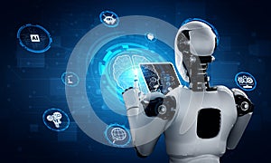 Robot humanoid using tablet computer in concept of AI thinking brain