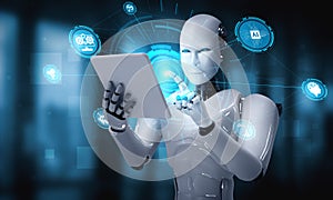 Robot humanoid using tablet computer in concept of AI thinking brain